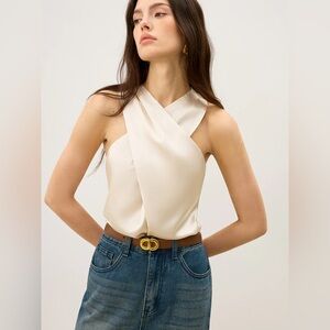 36 Satin Cross-Over Collar Tank Top